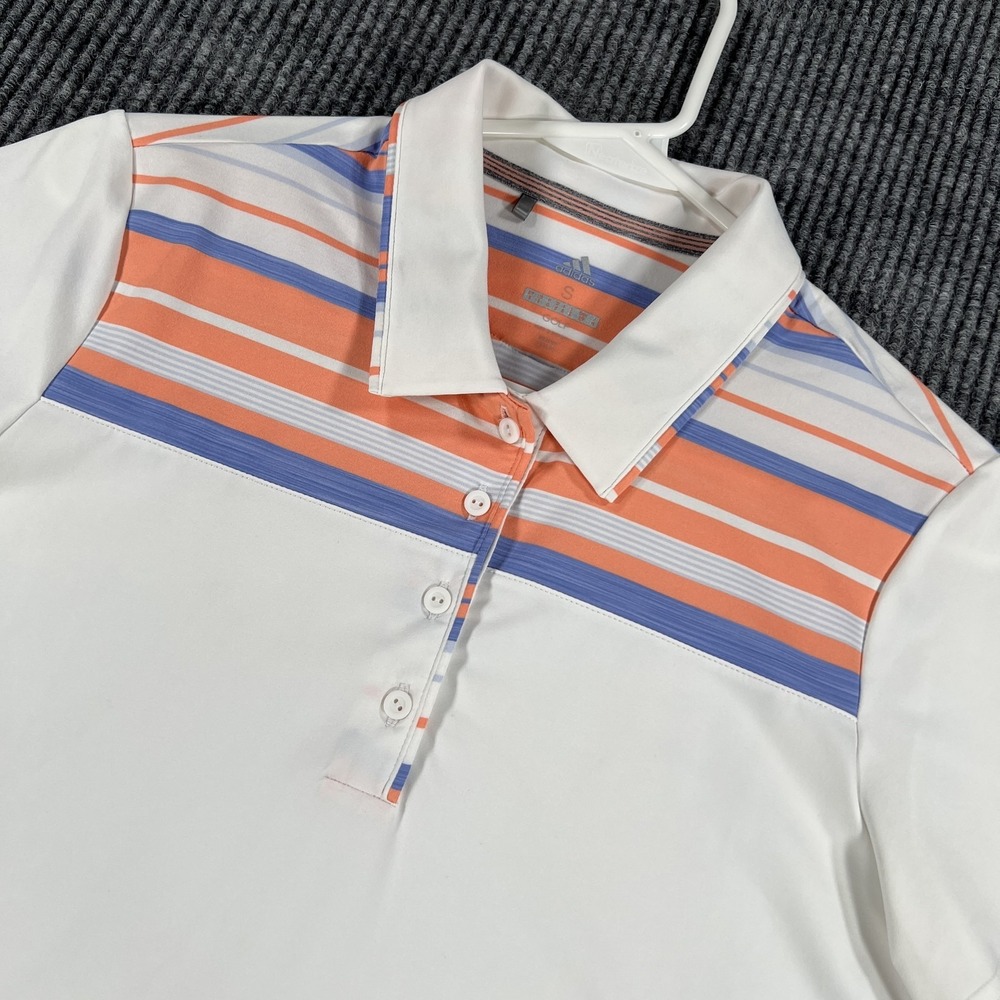 Adidas Golf Polo Shirt Womens Small Climalite Stretch Top Stripe Blue Orange